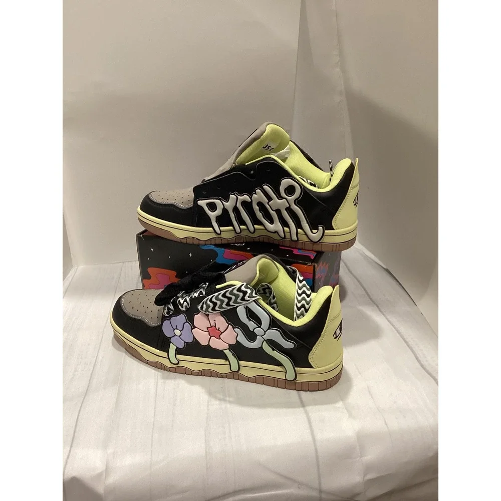 NEW Chris Pyrate and Friends Low Top Sneakers Black Grey Neon Yellow Mens 9
